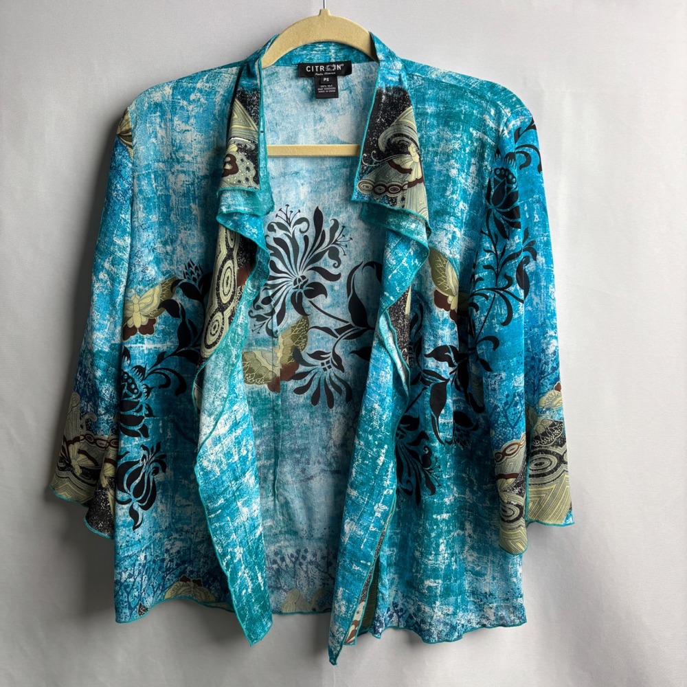 Citron Santa Monica 100% Silk Open Front Cardigan Blue Floral Butterfly PS Fairy